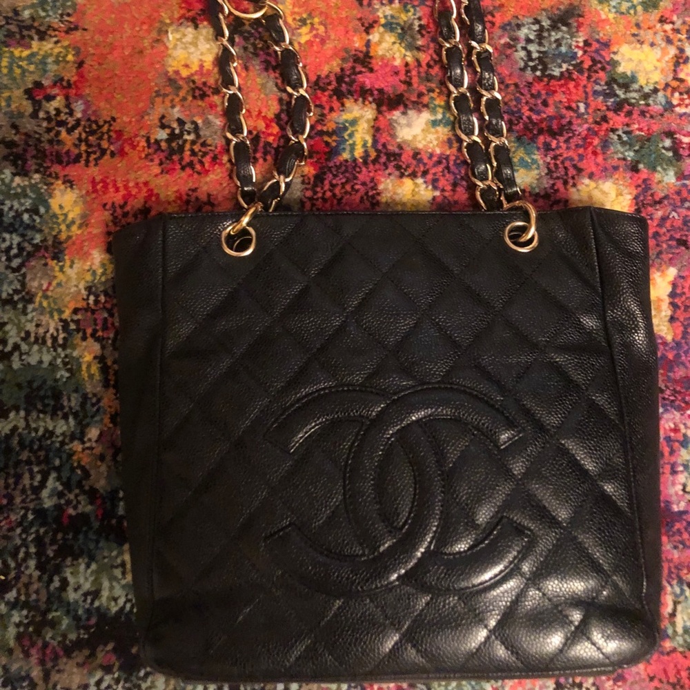Chanel black caviar leather petite tote